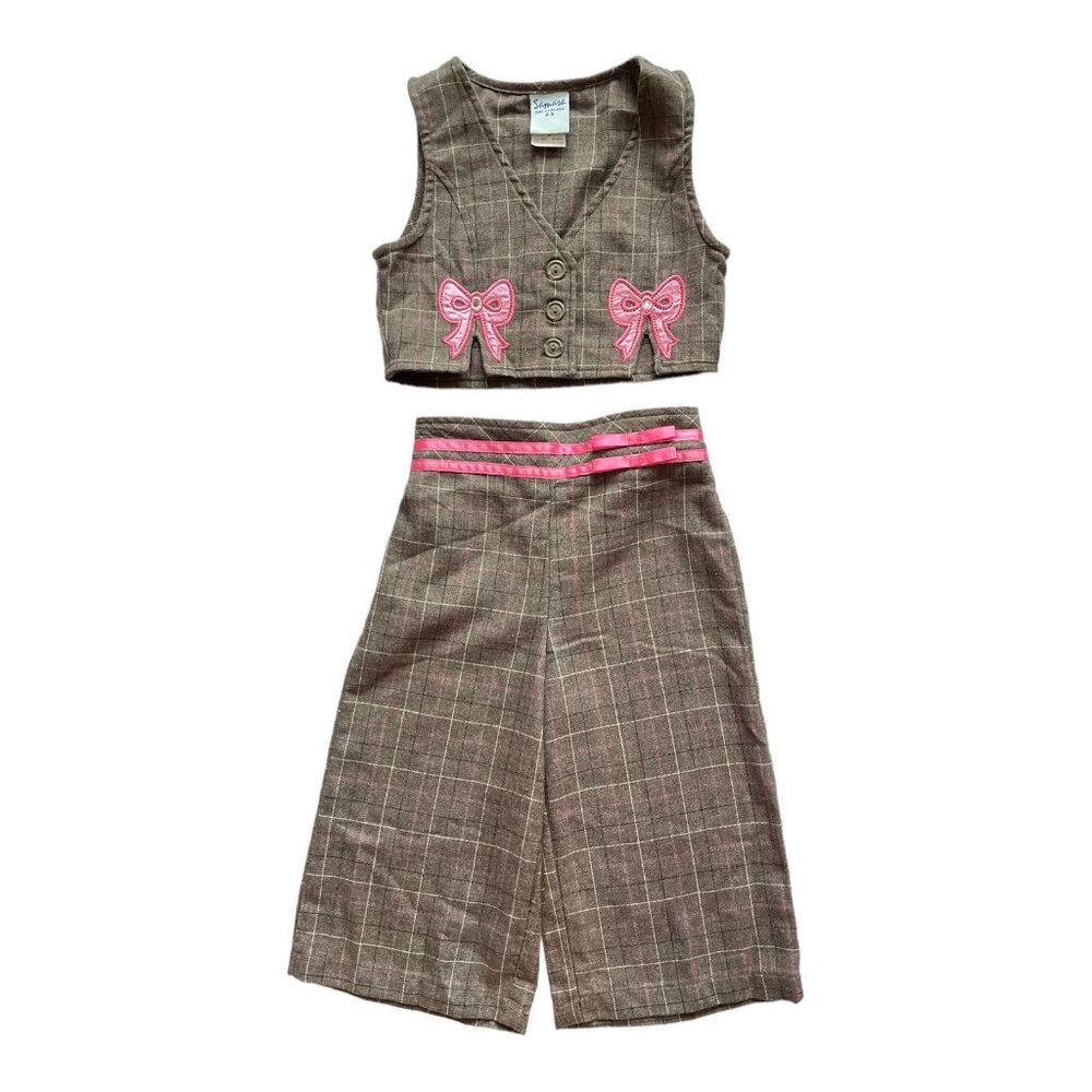 Vintage Inspired Samara Girls Plaid Vest & Pants Set With Pink Bow Accents Size